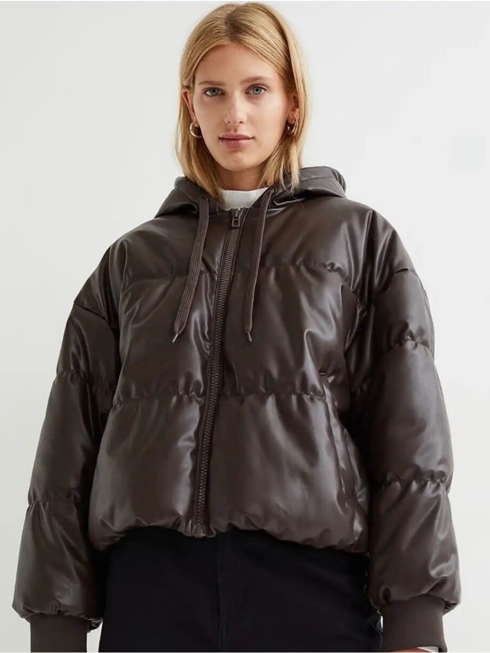 H&M Vegan Leagber Cropped Hooded Puffer Jacket Coat in Dark Chocolate Brown